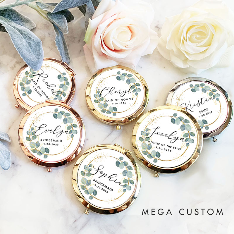 Personalized Bridesmaid Greenery Gold Eucalyptus Wreath Mirror Custom Bride Name Compact Mirror Bachelorette Party Mirror Bridal Shower Gift for Her