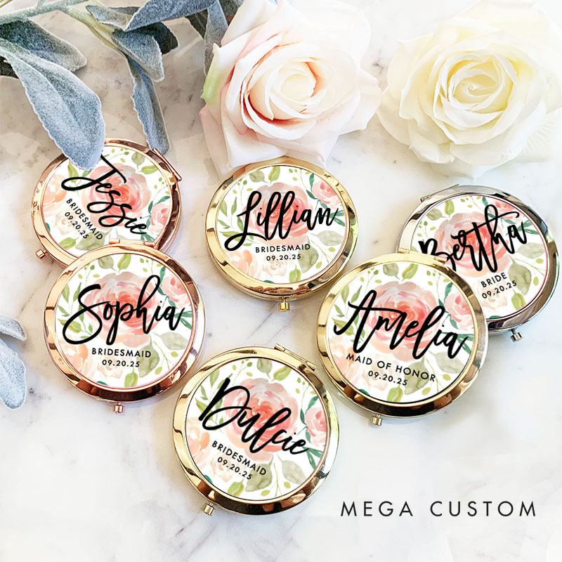Personalized Bridesmaid Floral Mirror with Name Custom Bride Name Compact Mirror Bachelorette Party Mirror Bridesmaid Proposal Bridal Shower Gift