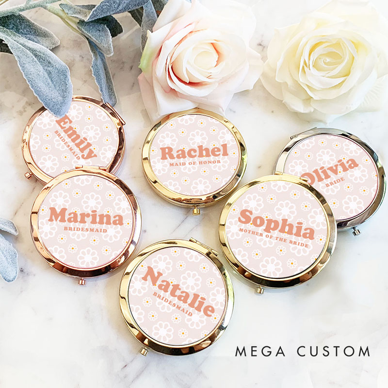 Personalized Bridesmaid Daisy Floral Mirror Custom Bride Name Compact Mirror Bachelorette Party Mirror Bridesmaid Proposal Bridal Shower Gift for Her