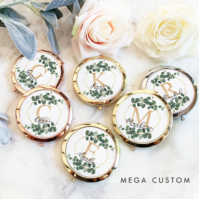 Personalized Bridesmaid Leaf Hexagon Wreath Mirror Custom Bride Name Compact Mirror Bachelorette Party Mirror Bridesmaid Proposal Bridal Shower Gift