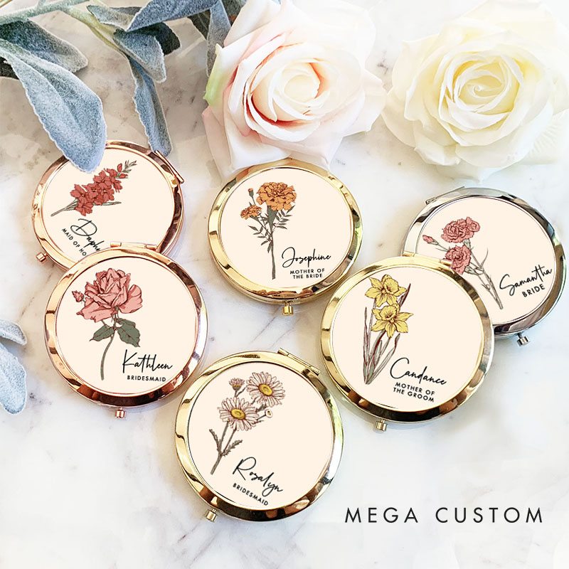 Personalized Bridesmaid Elegant Birth Flower Mirror Custom Bride Moth Flower Compact Mirror Maid of Honor Bachelorette Party Mirror Bridal Shower Gift