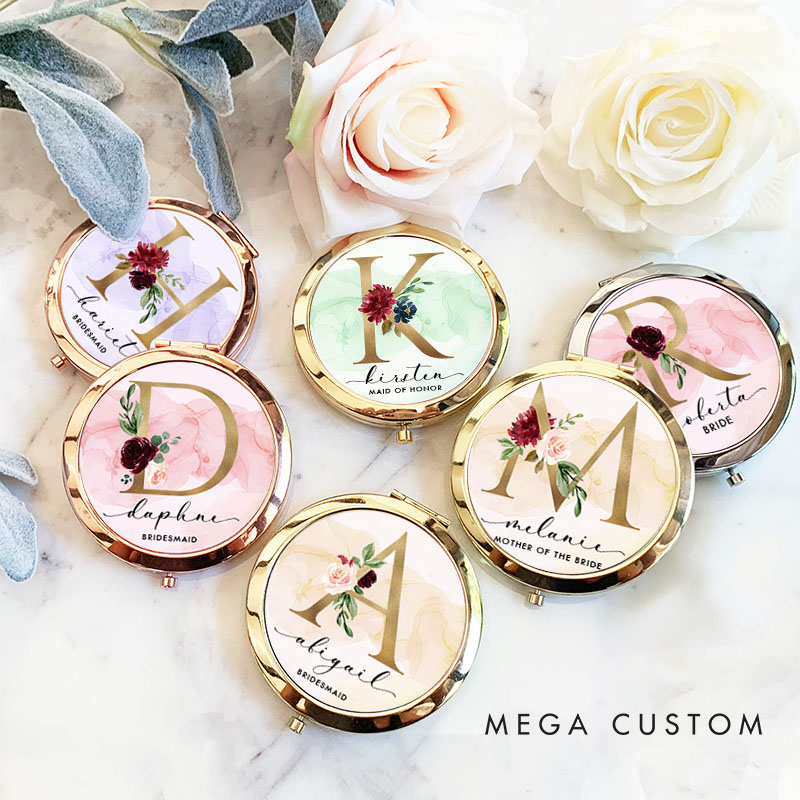 Personalized Bridesmaid Floral Initials Mirror Custom Bride Name Compact Mirror Bachelorette Party Mirror Bridesmaid Proposal Bridal Shower Gift