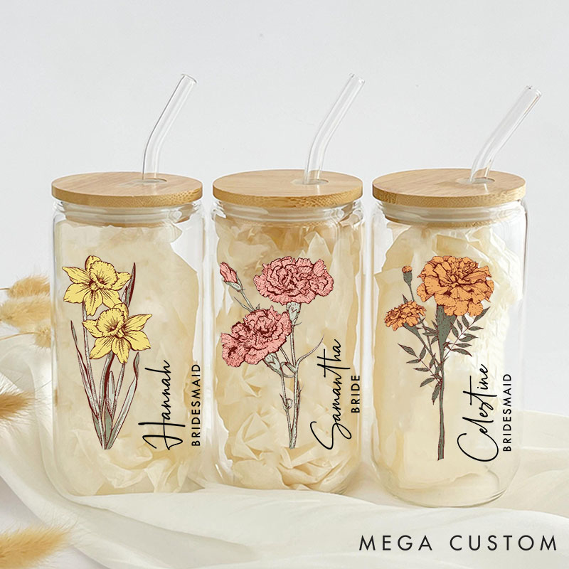 Personalized Bridesmaid Birth Flower Can Glasses with Lid and Straw Custom Bride Name Month Flower Coffee Cup Bridal Shower Bachelorette Party Gift