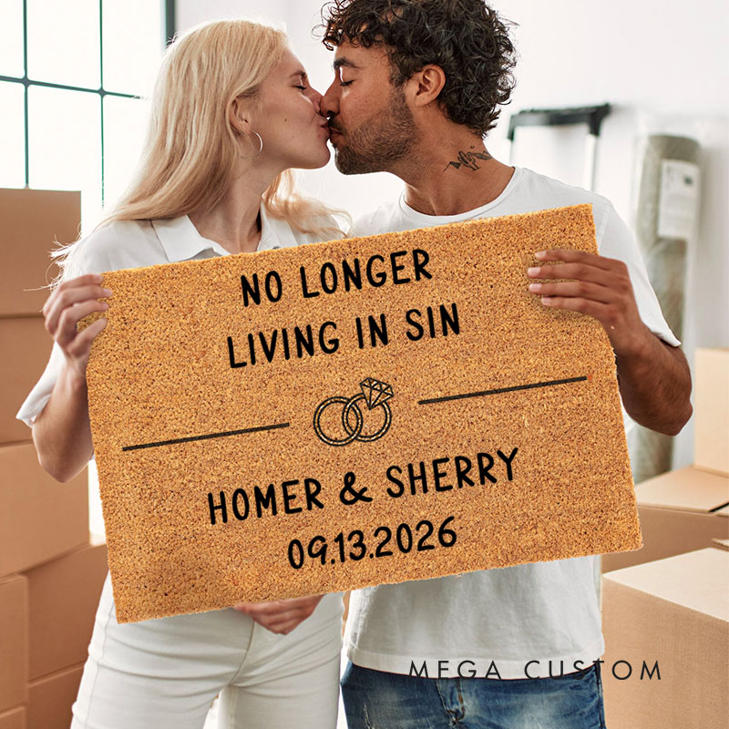 Personalized Couple No Longer Living in Sin Doormat Custom Newlyweds Name Doormat with Established Date New Couple Wedding Engagement Gift for Him Her