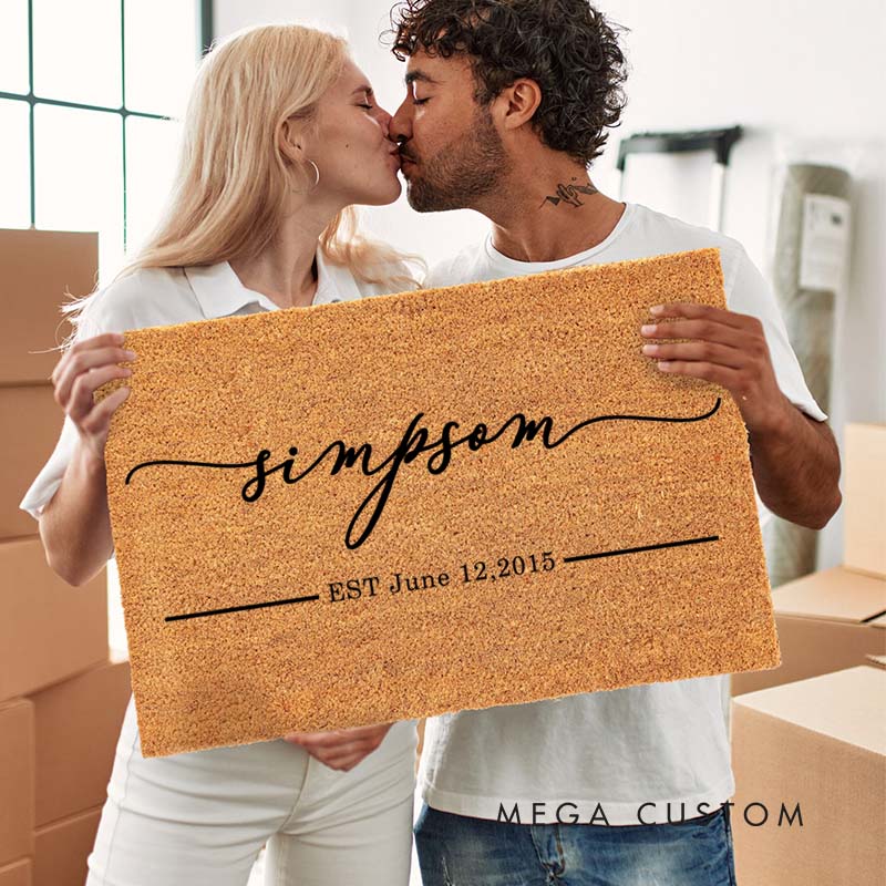 Personalized Anniversary Doormat Elegant Script Last Name Couple Doormat with Established Year Couple Wedding Anniversary Doormat