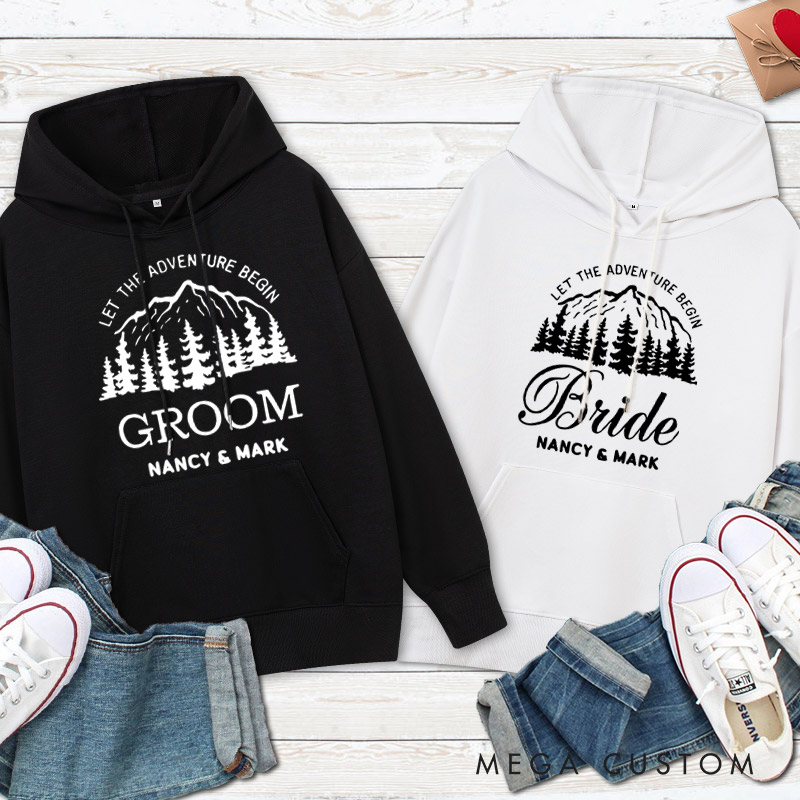 Personalized Mountain Serene Let The Adventure Begin Bride and Groom Wedding Couple Hoodie