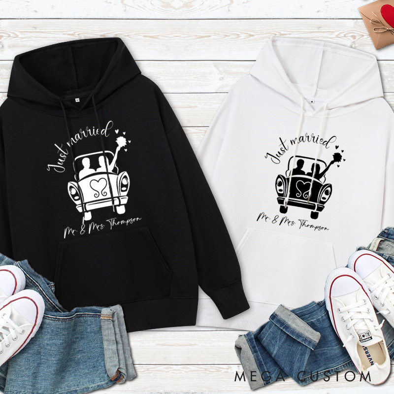 Personalized Romantic Just Married with Wedding Car Wedding Couple Hoodie