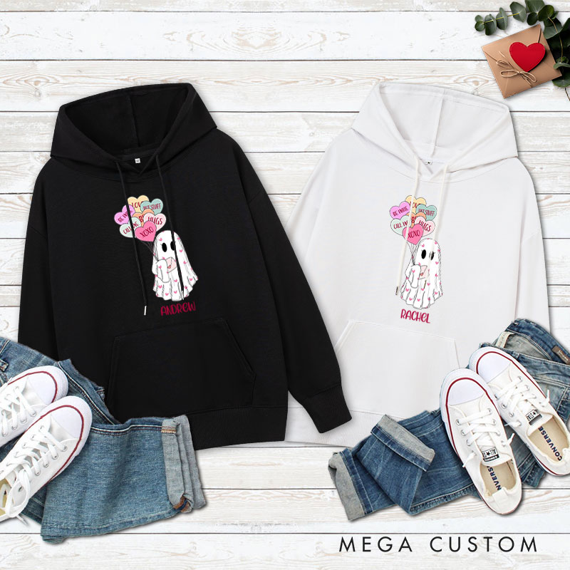 Personalized Couple Ghost Holding Heart Balloons Valentine's Day Hoodie with Name Couple Sweatshirt for Boyfriend Girlfriend Hubby Wifey Husband Wife