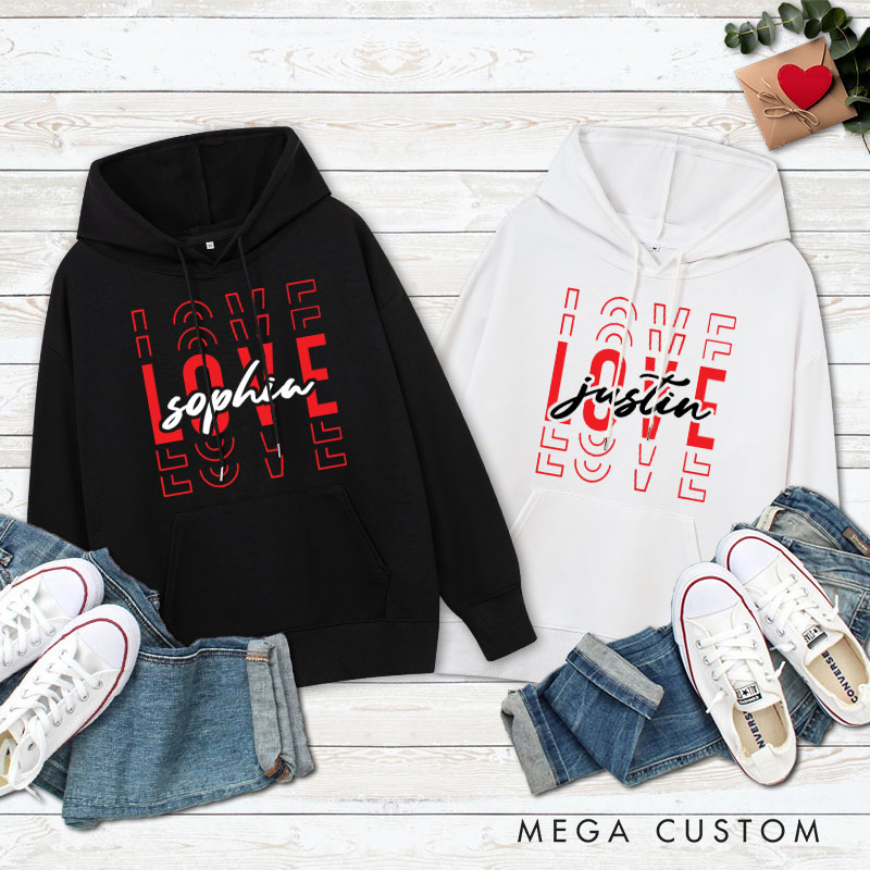 Personalized Couple Love Her and Love His Valentine's Day Hoodie with Name Couple Sweatshirt for Boyfriend Girlfriend Husband Wife Hubby Wifey