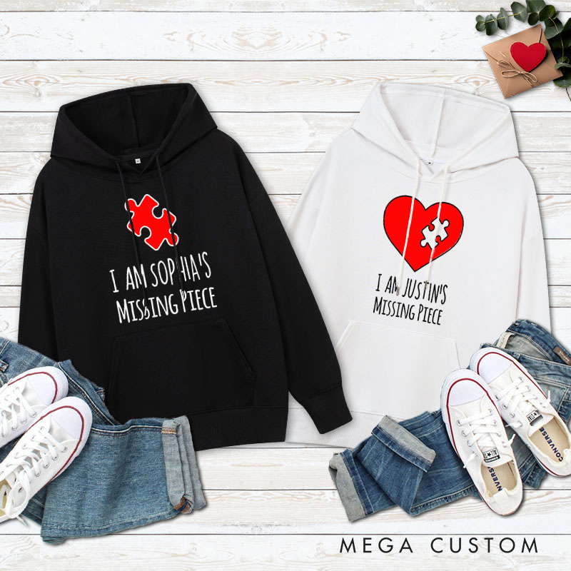 Personalized Couple I Am Her Missing Piece Valentine's Day Hoodie Couple I Am His Missing Piece Sweatshirt for Boyfriend Girlfriend Husband Wife