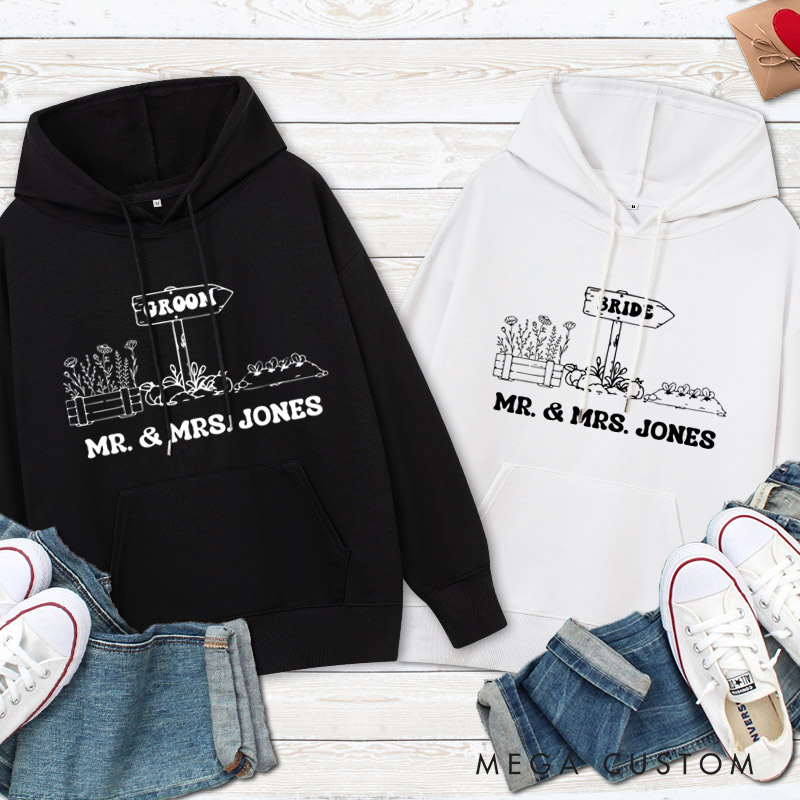 Personalized Rustic Bride and Groom Countryside Matching Wedding Couple Hoodie