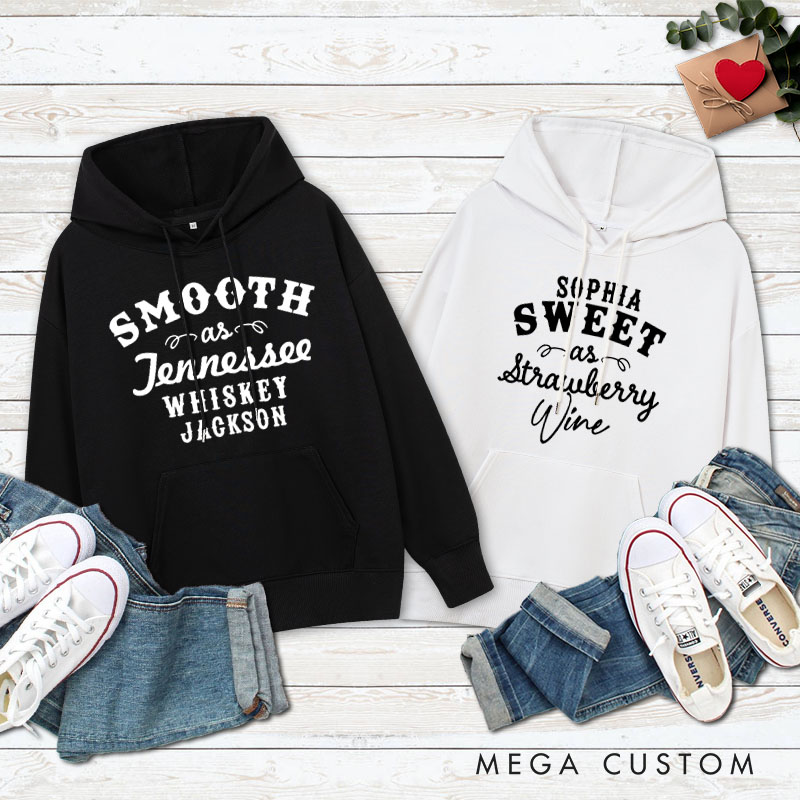 Personalized Couple Smooth as Tennessee Whiskey Valentine's Day Hoodie Sweet as Strawberry Wine Sweatshirt for Boyfriend Girlfriend Husband Wife
