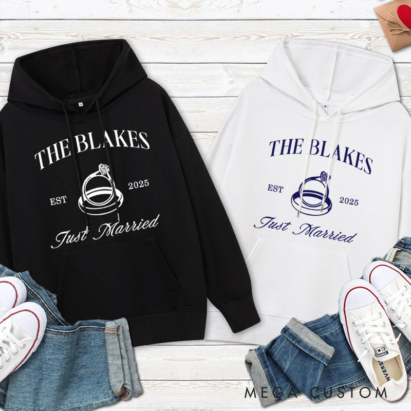 Personalized Elegant Just Married Wedding Rings Newlyweds Wedding Couple Hoodie