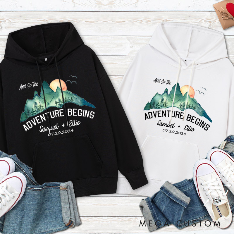 Personalized Scenic And So The Adventure Begins Newlyweds Wedding Couple Hoodie