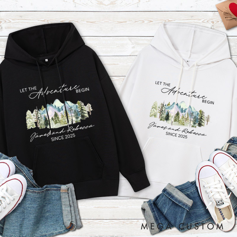 Personalized Mountain Scenic Let the Adventure Begin Newlyweds Wedding Couple Hoodie