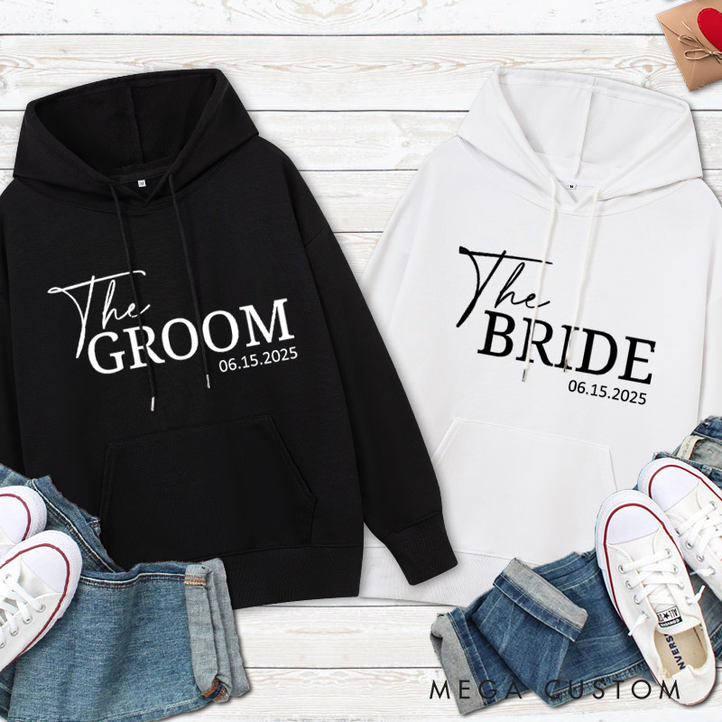 Personalized Minimalist The Bride and The Groom with Date Matching Wedding Couple Hoodie