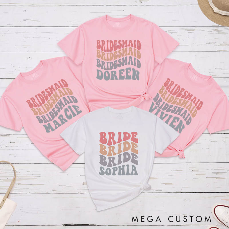 Personalized Wave Bride Matching T-Shirt with Nmae Bridesmaid T-Shirt Wedding Day T-Shirt Bachelorette Party Gift