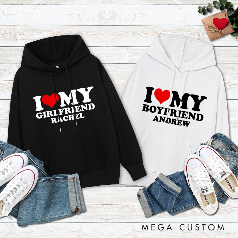 Personalized Couple I Love My Girlfriend Valentine's Day Hoodie with Name Couple I Love My Boyfriend Sweatshirt for Boyfriend Girlfriend Husband Wife