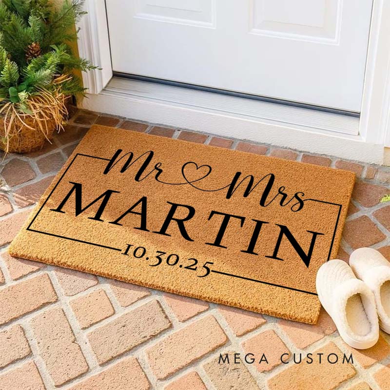Personalized Couple Mr and Mrs with Heart Doormat Custom Newlyweds Last Name Date Door Mat Valentine's Day Hubby Wifey Husband Wife Gift for Him Her