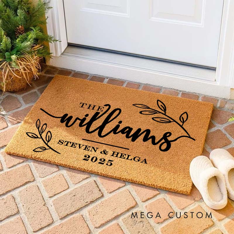 Personalized Couple Last Name with Leaf Wreath Doormat Custom Newlyweds First Name Date Door Mat Mr and Mrs Hubby Wifey Husband Wife Gift for Him Her