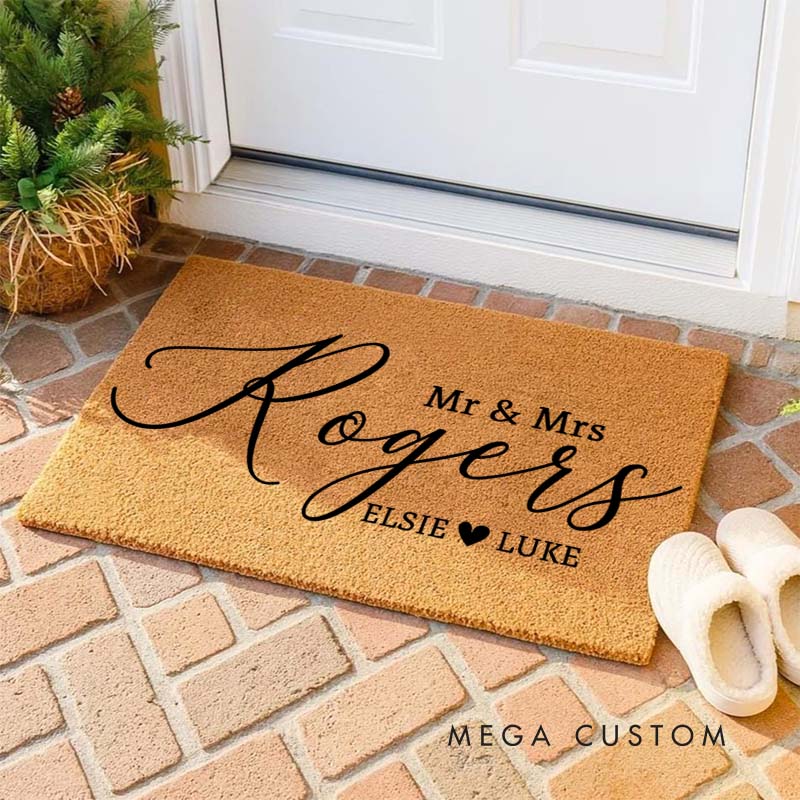 Personalized Couple Mr. and Mrs. Last Name Doormat Custom Newlyweds First Name with Heart Door Mat Doormat Hubby Wifey Husband Wife Gift for Him Her
