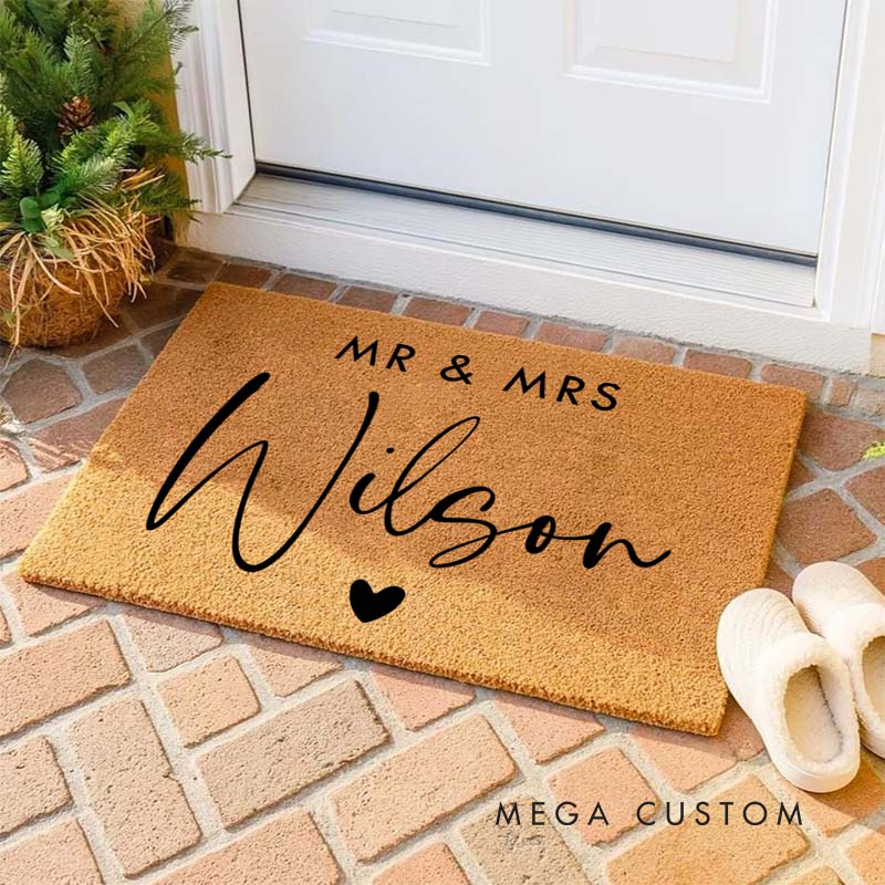Personalized Couple Mr. and Mrs. Last Name with Heart Doormat Custom Newlyweds Door Mat Valentine's Day Hubby Wifey Husband Wife Gift for Him Her