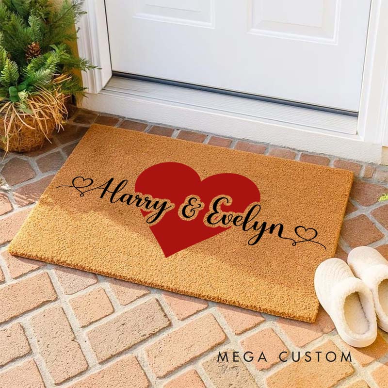 Personalized Couple Name with Red Heart Doormat Newlyweds Door Mat Boyfriend Girlfriend Valentine's Day Gift Wedding Husband Wife Gift for Him Her