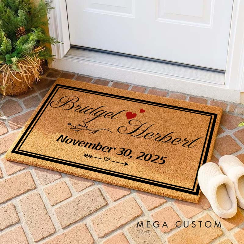 Personalized Couple 2 Frames Doormat Custom Newlyweds Floral Door Mat Hubby Wifey Name and Date Doormat Wedding Husband Wife Gift for Him Her