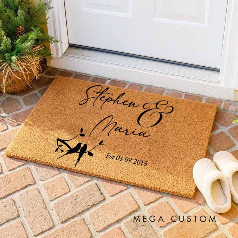 Personalized Love Birds Couple Doormat Custom Wedding Anniversary Gift Doormat for Couple Home Decor Doormat with Name and Date
