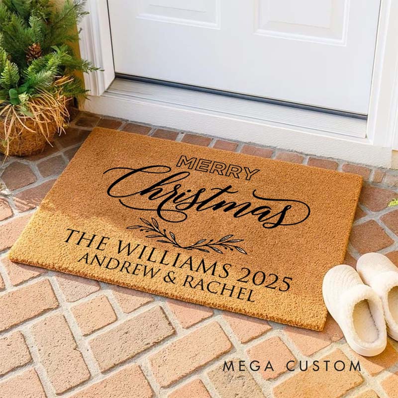 Personalized Couple Last Name Merry Christmas with Leaf Wreath Doormat Custom Newlyweds First Name Door Mat Hubby Wifey Husband Wife Gift for Him Her