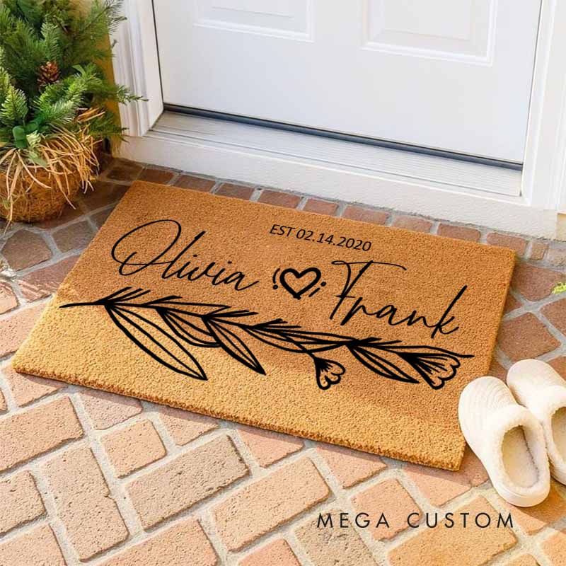 Personalized Couple Anniversary Doormat Wife Husband Wedding Anniversary Doormat Romantic Floral Branch Design Doormat with Name and Date