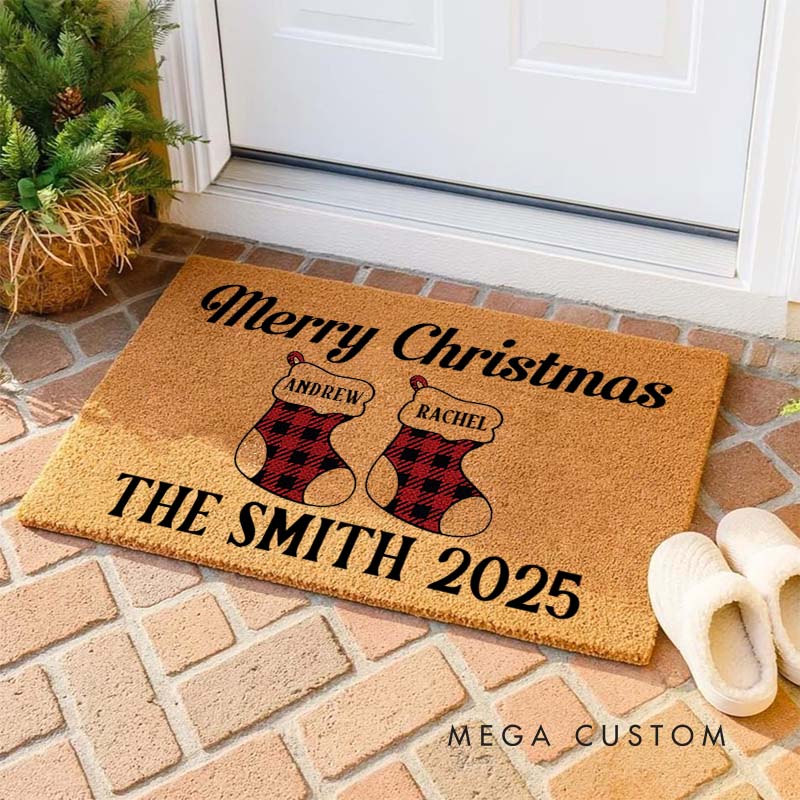 Personalized Couple Merry Christmas Plaid Stocking Doormat Custom Newlywed Last Name Xmas Door Mat Hubby Wifey Husband Wife Christmas Gift for Him Her