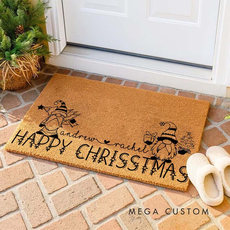 Personalized Couple Happy Christmas Gnome Doormat Custom Newlywed Name Xmas Door Mat Boyfriend Girlfriend Husband Wife Christmas Gift for Him Her