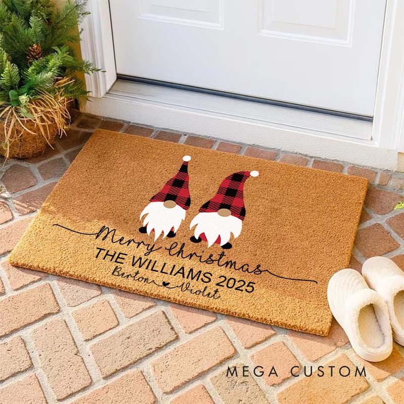 Personalized Couple Plaid Gnome Merry Christmas Doormat Custom Newlywed Name Xmas Door Mat Hubby Wifey Husband Wife Christmas Gift for Him Her