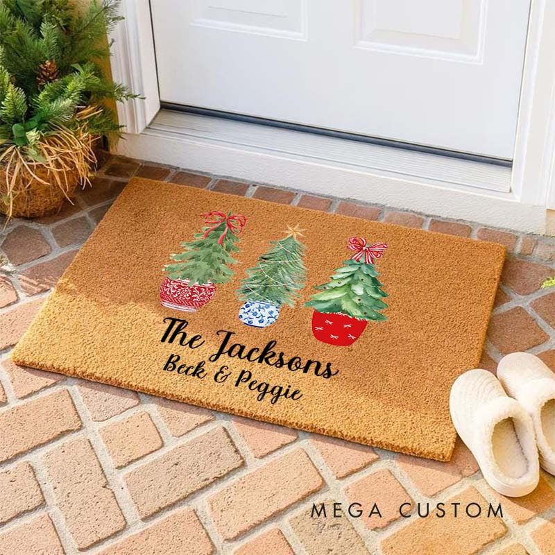 Personalized Couple Last Name with Christmas Tree Doormat Custom Newlywed First Name Xmas Door Mat Mr and Mrs Husband Wife Christmas Gift for Him Her