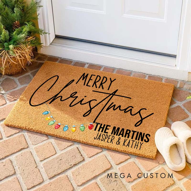 Personalized Couple Last Name with Merry Christmas Light Doormat Newlywed First Name Xmas Door Mat Mr and Mrs Husband Wife Christmas Gift for Him Her