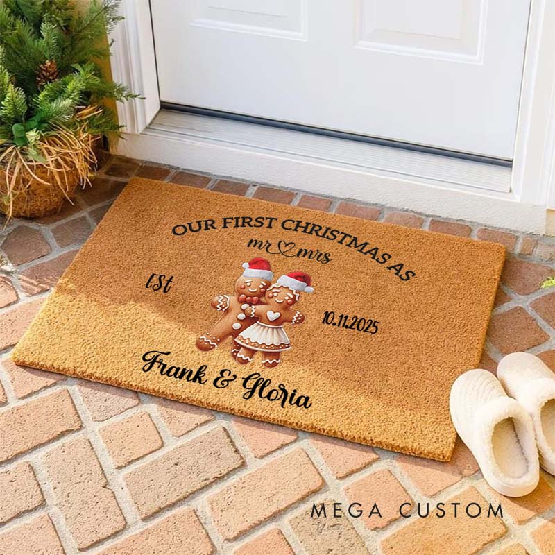 Personalized Couple Our First Christmas as Mr. and Mrs. Doormat Custom Gingerbread Newlyweds Name Xmas Doormat Husband Wife Christmas Gift for Him Her