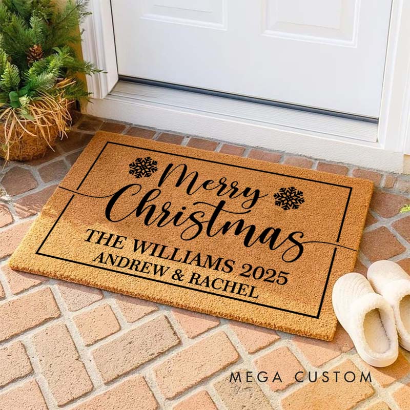 Personalized Couple Last Name Merry Christmas with Snowflake Doormat Custom Newlyweds First Name Xmas Doormat Husband Wife Christmas Gift for Him Her