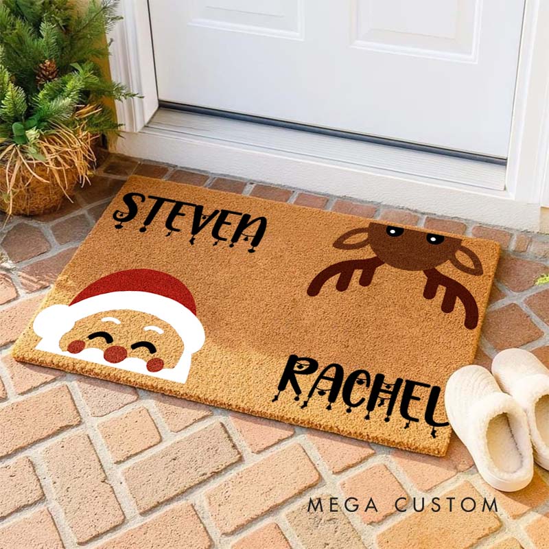 Personalized Couple Cute Santa and Reindeer Christmas Doormat Newlywed Name Xmas Doormat Husband Wife Boyfriend Girlfriend Christmas Gift for Him Her