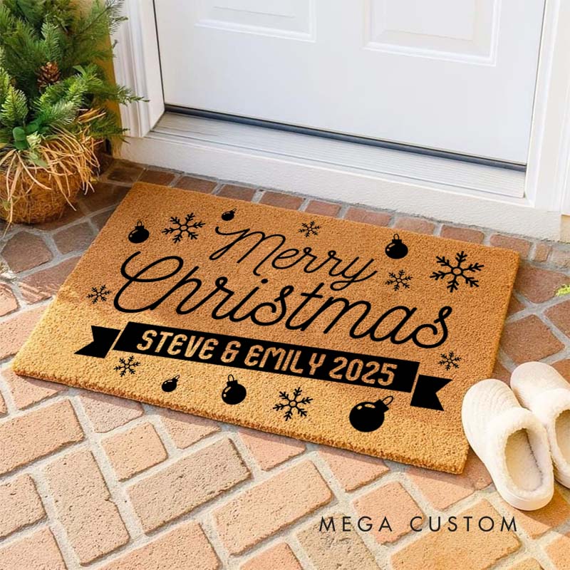 Personalized Couple Merry Christmas with Ball and Snowflake Doormat Newlywed Xmas Doormat Husband Wife Boyfriend Girlfriend Christmas Gift for Him Her