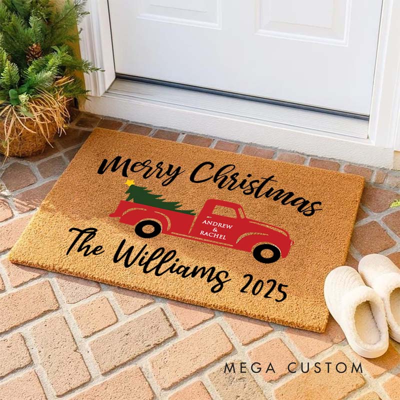 Personalized Couple Merry Christmas with Truck and Tree Doormat Newlywed Last Name Xmas Doormat Husband Wife Name Doormat Christmas Gift for Him Her