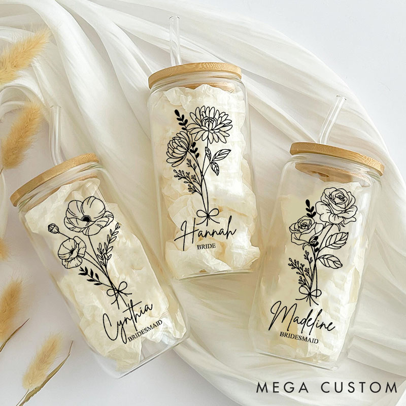 Personalized Bridesmaid Birth Flower Can Glasses with Lid and Straw Custom Bride Name Coffee Cup Bridal Shower Coffee Glasses Bachelorette Party Gift