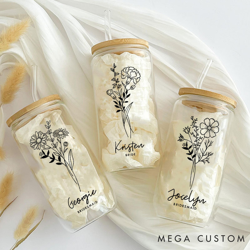 Personalized Bridesmaid Birth Flower Can Glasses with Lid and Straw Custom Bride Name Month Flower Coffee Cup Bridal Shower Bachelorette Party Gift