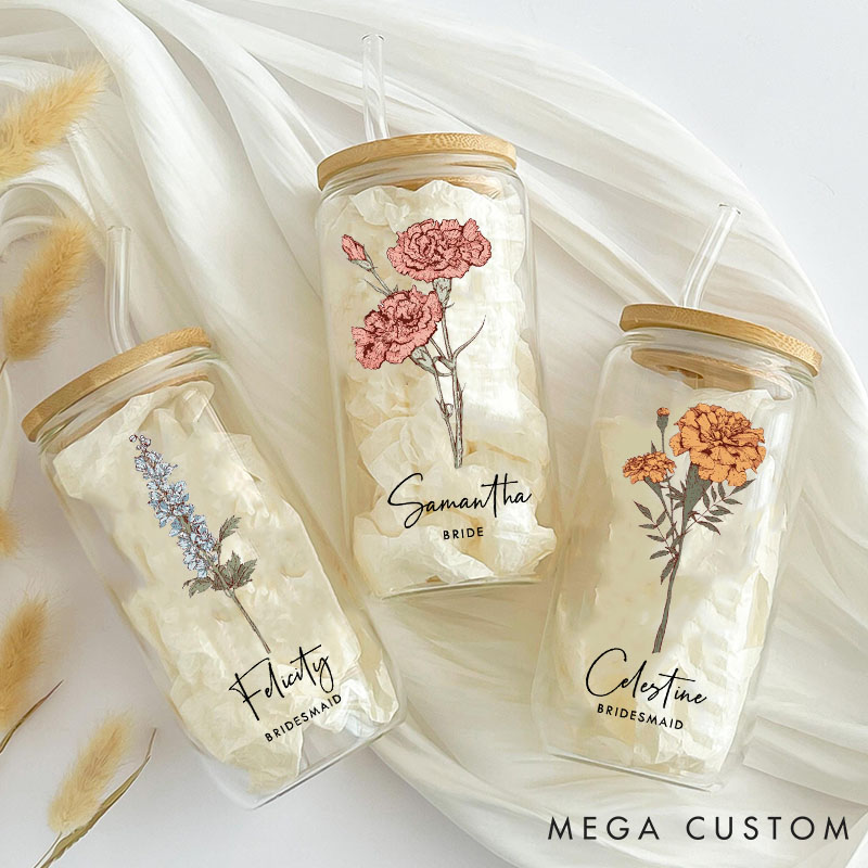 Personalized Elegant Bridesmaid Birth Flower Can Glasses with Lid and Straw Custom Bride Month Flower Coffee Cup Bridal Shower Bachelorette Party Gift