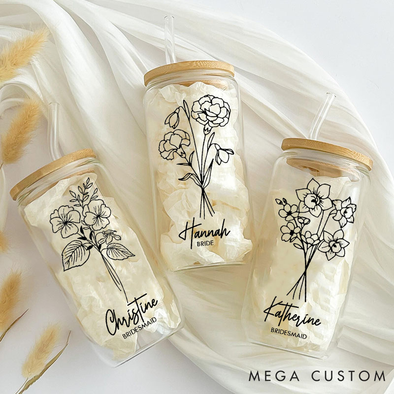 Personalized Stylish Bridesmaid Birth Flower Can Glasses with Lid and Straw Custom Bride Month Flower Coffee Cup Bridal Shower Bachelorette Party Gift