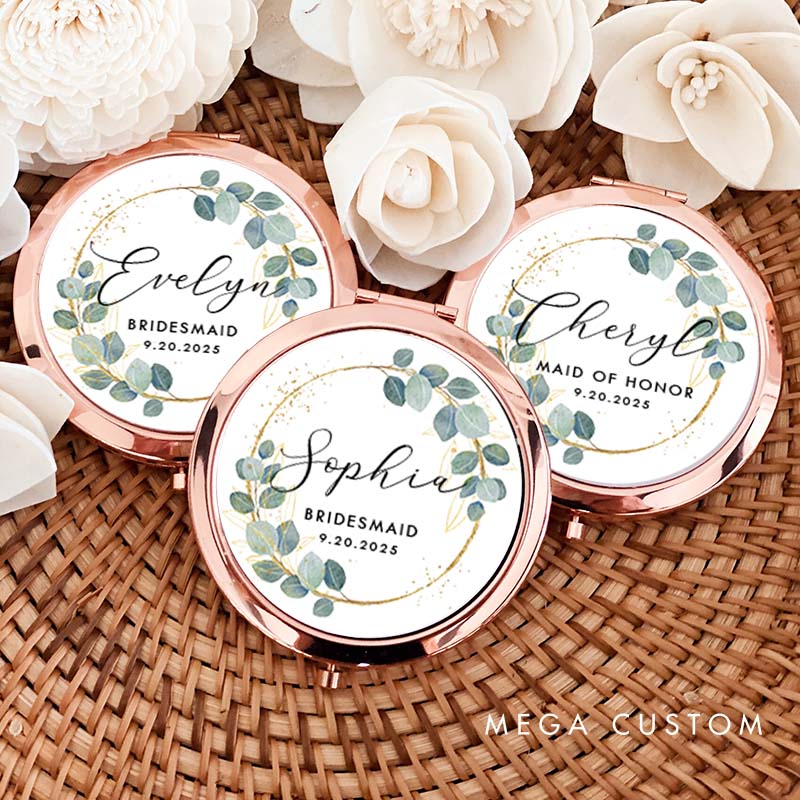 Personalized Bridesmaid Greenery Gold Eucalyptus Wreath Mirror Custom Bride Name Compact Mirror Bachelorette Party Mirror Bridal Shower Gift for Her