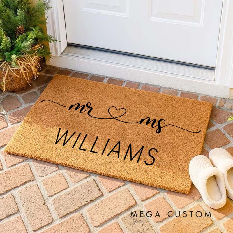 Personalized Couple Mr and Mrs with Heart Doormat Custom Newlyweds Last Name Door Mat Valentine's Day Hubby Wifey Husband Wife Gift for Him Her