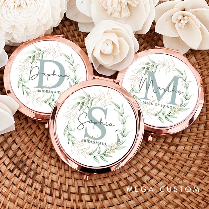 Personalized Bridesmaid Gold Leaf Round Wreath Mirror Custom Bride Name Compact Mirror Bachelorette Party Mirror Bridal Shower Gift for Her