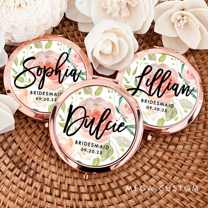 Personalized Bridesmaid Floral Mirror with Name Custom Bride Name Compact Mirror Bachelorette Party Mirror Bridesmaid Proposal Bridal Shower Gift