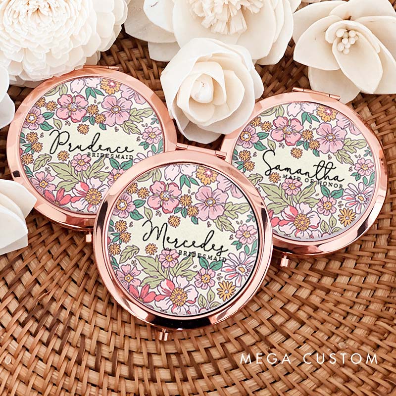 Personalized Stunning Bridesmaid Floral Mirror Custom Bride Name Compact Mirror Bachelorette Party Mirror Bridesmaid Proposal Bridal Shower Gift